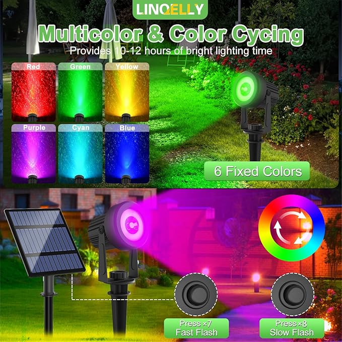 Solar Spotlights Outdoor Waterproof, RGB Landscape Spotlights, Christmas Decorative Solar Spot Lighting for Garden, Yard, Pathway, Lawn, Poolside, Party, 4-in-1 Mounted (RGB, 1 Pack) LINQELLY