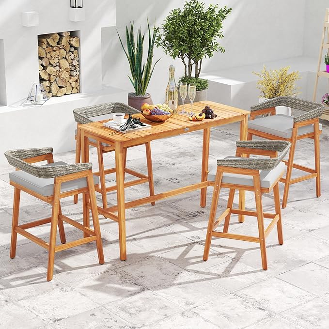 Tangkula 3 Piece Patio Bar Set, Outdoor Acacia Wood Counter Height Table with 2 Cushioned Barstools with Curved Rattan Back and Footrest, for Backyard, Poolside, Balcony TANGKULA