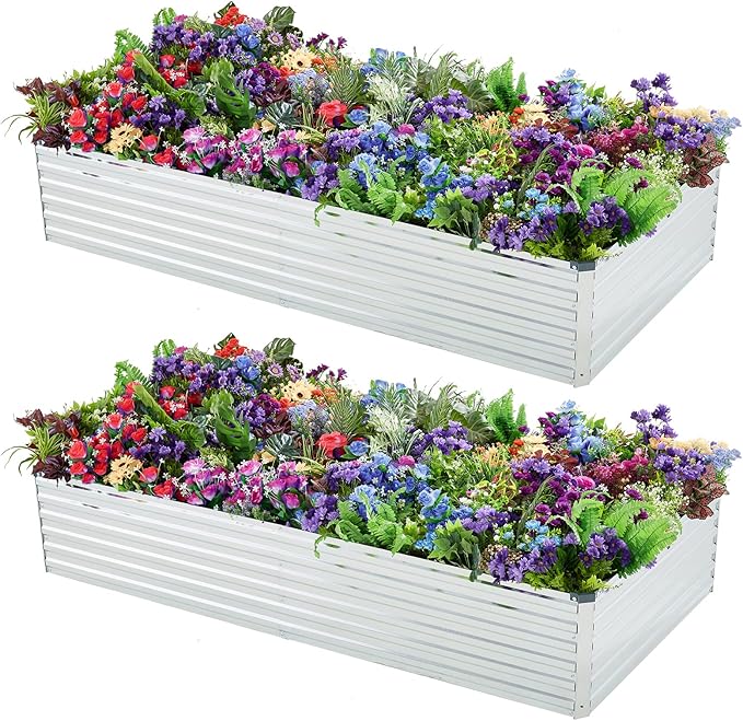2 Pack 6x3x1FT Galvanized Raised Garden Bed Kit, Outdoor Metal Planter Box for Vegetables, Bottomless Rectangular Gardening Bed with Support Rods, Tool-Free Assembly, Silver Meberam