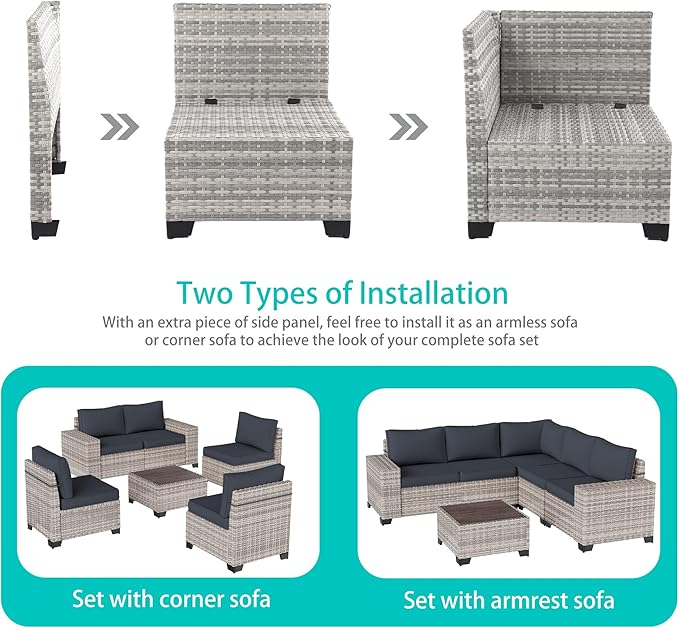 6-Piece Outdoor Patio Furniture Set Wicker Sectional Sofa Set, Patio Conversation Set with Thickened Cushions & Coffee Table for Garden, Backyard, Poolside, Dark Grey MuphyersPatioFurniture