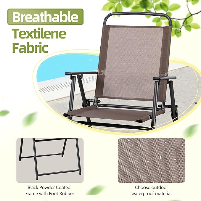 Vongrasig 6 Pieces Folding Patio Dining Set, All Weather Small Metal Outdoor Table and Chairs Set, Patio Furniture Set w/Umbrella, Glass Table & 4 Folding Chairs for Garden, Lawn, Backyard, Brown Vongrasig