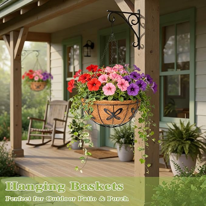 4 Pack 14 Inch Hanging Baskets for Plants Outdoor Metal Hanging Planter Hanging Flower Baskets with Coco Fiber Liners Chain Round Wire Plant Holder Hanging Flower Pots(Butterfly) Qusuxi