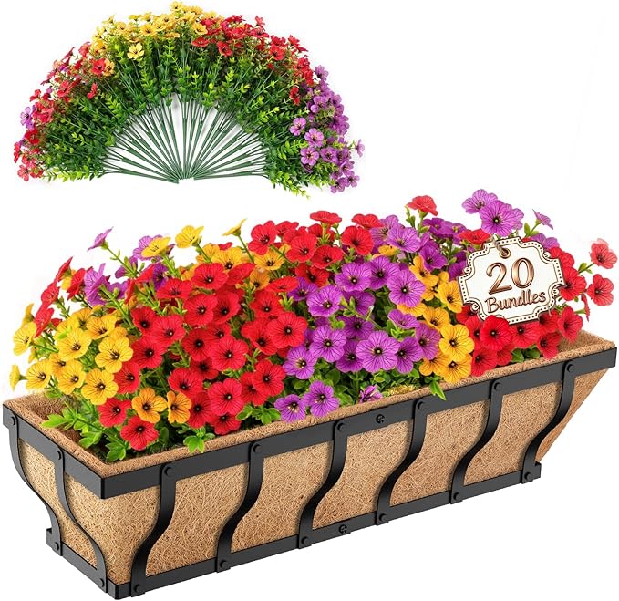 Railing Planter Boxes with Artificial Flowers, Adjustable Balcony Planters for Railing Hanging, UV Sun Resistant Colorful Daisy for Porch Patio Balcony Home (1 Pack, 24 Inch) VOXOR