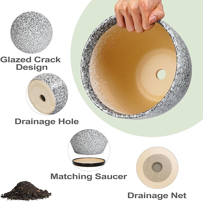 Ceramic Planter - 6.3 Inch Plant Pot for Indoor Ourdoor Plants, Round Succulent Planter, Decorative Flower Pots with Drainage Hole and Saucer, Home Desk Decor, Housewarming Gifts, White-black EPFamily