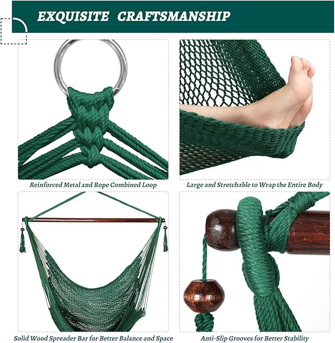 Bathonly Large Hammock Chair with Spreader Bar, Caribbean Hammock Swing Chair, XL Hammock Chair Outdoor Indoor, 330 LBS Weight Capacity, Green Bathonly