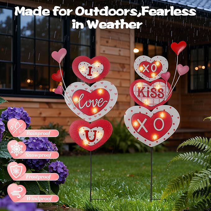 Lewondr 2 Pcs Valentine's Day Decorations Outdoor, Metal Solar Pathway Lights, Love Heart Decorative Garden Stakes Lights with 18 LED Beads, Waterproof Yard Signs for Porch Lawn Wedding Anniversary Lewondr