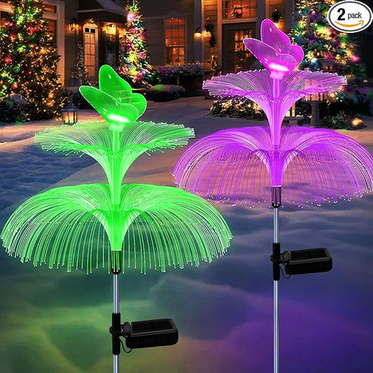 Solar Garden Lights, Gardening Birthday Gifts for Mom Grandma Women, Waterproof 7 Color Changing Jellyfish Light with Butterfly, 2 Pack Solar Flower Lights for Outdoor Pathway Yard Garden Decor MRHEPHAESTUS