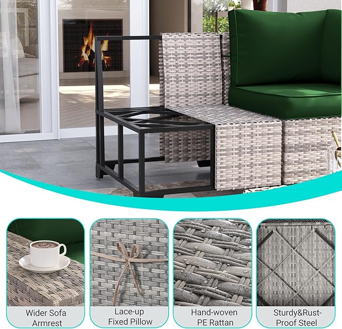 13-Piece Outdoor Patio Furniture Set with 55,000 BTU Fire Pit Table, PE Wicker Rattan Sectional Sofa Patio Conversation Set with Coffee Table, Green MuphyersPatioFurniture