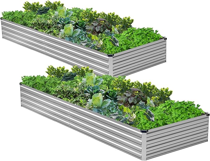 2PCS 8x4x1ft Galvanized Raised Garden Bed Kit,Metal Planter Box for Vegetables,Flowers,Herbs Durable Rust-Resistant Patio Gardening Beds,Silver Henshwon