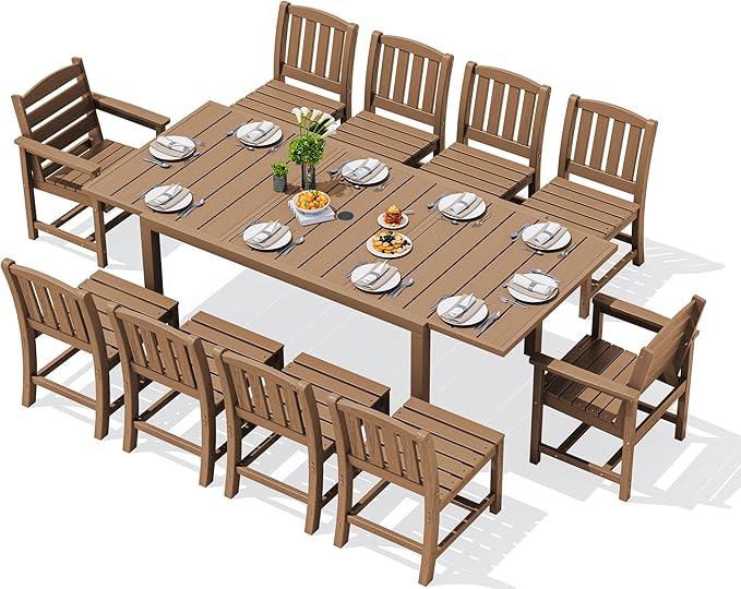 SERWALL 11-Piece Outdoor Dining Set, 60" - 83" Expandable Outdoor Dining Table and 10 HDPE Chairs, All Weather HDPE Outdoor Furniture Set for Backyard, Garden, Brown SERWALL