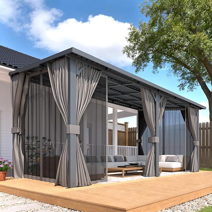 AECOJOY 16'x8' Outdoor Hardtop Metal Gazebo with Curtain and Netting for Patio, Large 8x16 Lean to Wall Mounted Pergolas and Grill Gazebos Clearance, Heavy Duty Galvanized Steel Roof Awnings for Decks AECOJOY