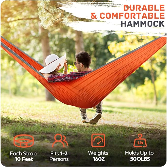 Camping Hammock Lightweight, Portable Hammocks Parachute Hammock with Two Tree Straps, Single or Double Travel Swing Nylon Camp Hammocks, Outdoor Essentials for Beach Backpacking Hiking, Orange Rootora