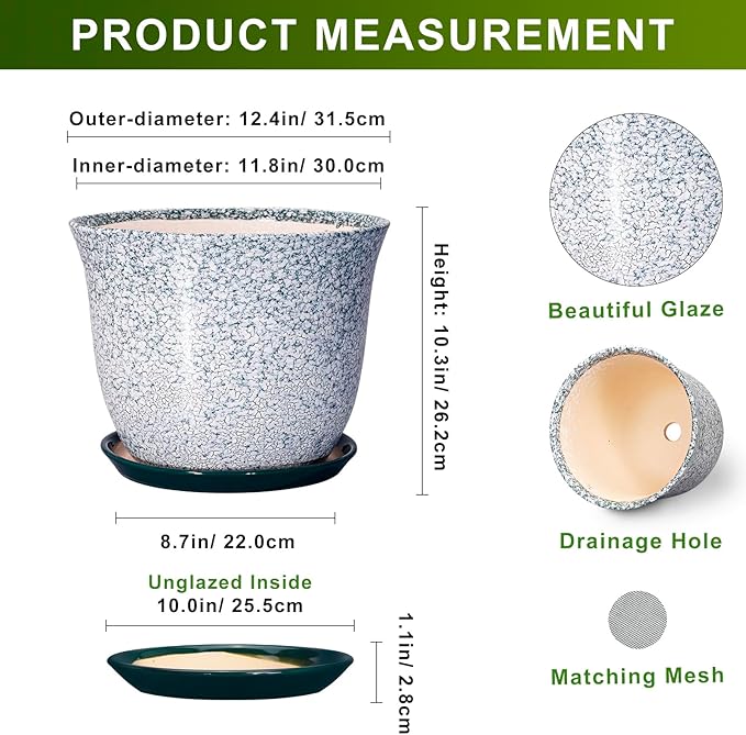12 Inch Pot for Plants- Ceramic Planter Indoor Outdoor, Round Large Plant Pots with Drainage Hole and Saucer, Decorative Flower Pots, Modern Planter, Garden Decor, Plant Lovers Gifts, Green SUNPOTFOR