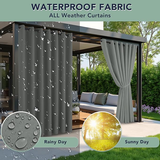 Patio Curtains Outdoor Waterproof - 6 Panels Privacy Weatherproof Outside Curtains with Grommets for Pergola, Gazebo, Porch, Cabana, Balcony, 54 x 95 Inch, Grey RichSets