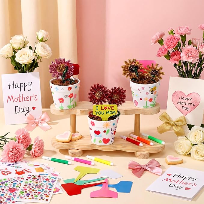 Funnymoom 48 Set Paintable Flower Pot Craft Kit DIY Spring Pots Craft for Mom with Watercolor, Pen Stickers, Plant Labels Garden Growing Kits for Spring Mother's Day Fun Activity Funnymoom