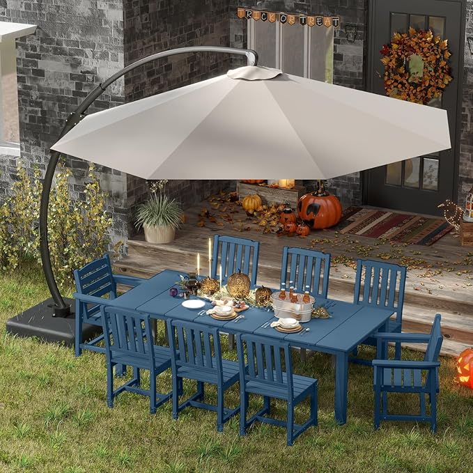 Navy Blue 9-Piece Outdoor Dining Set with Beige 11FT Cantilever Umbrella, 75.2'' HDPE Table & Chairs for 8, Weather-Resistant Furniture with Umbrella Hole for Patio, Lawn, Poolside PatioKingdom
