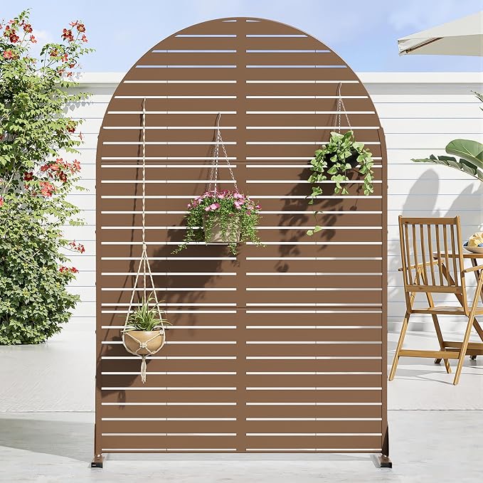 Casaphoria 72" H x 47" W Arched Metal Privacy Screen - Elegant Freestanding Outdoor Screen for Deck, Patio & Balcony - Versatile Decorative Privacy Panels for Home & Garden Use (Brown-Louvered) Casaphoria