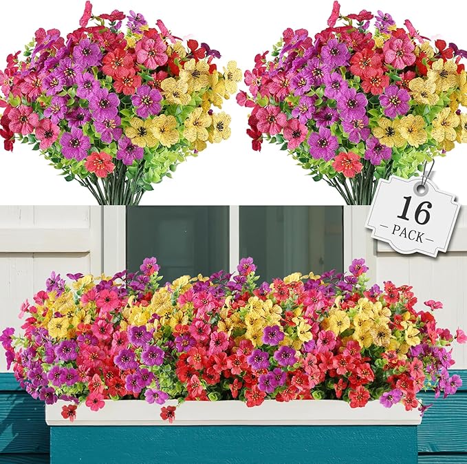 AGIRL 16 Bundles Artificial Flowers for Outdoor,No Fade Fake Plastic Flowers Faux Plants for Hanging Planters Decoration Indoor Outside Garden Porch Window Box Home Wedding AGIRL