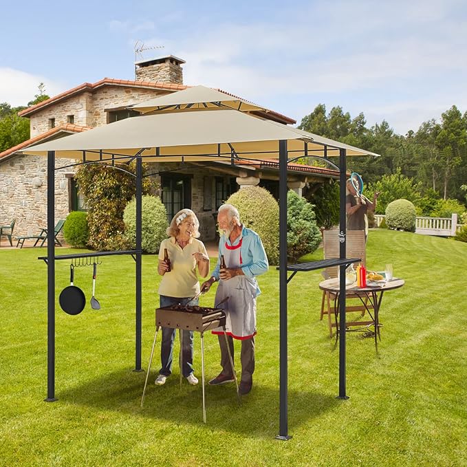 AECOJOY 8' x 5' Outdoor Grill Gazebo Canopy, BBQ Canopy for Outdoor Grill, 2- Tier BBQ Gazebo Shelter for Patio, Backyard and More (Beige) AECOJOY