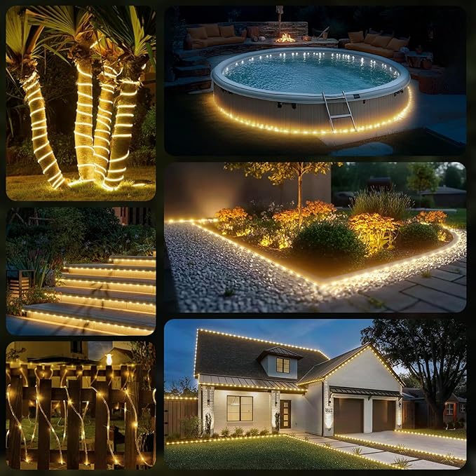 50FT 360 LED Waterproof Rope Lights Outside with Remote, 8 Modes and 4 Brightness Tube Lights for Christmas, Bedroom, Patio, Garden, Indoor Outdoor Decoration (Warm White) Soiarllt