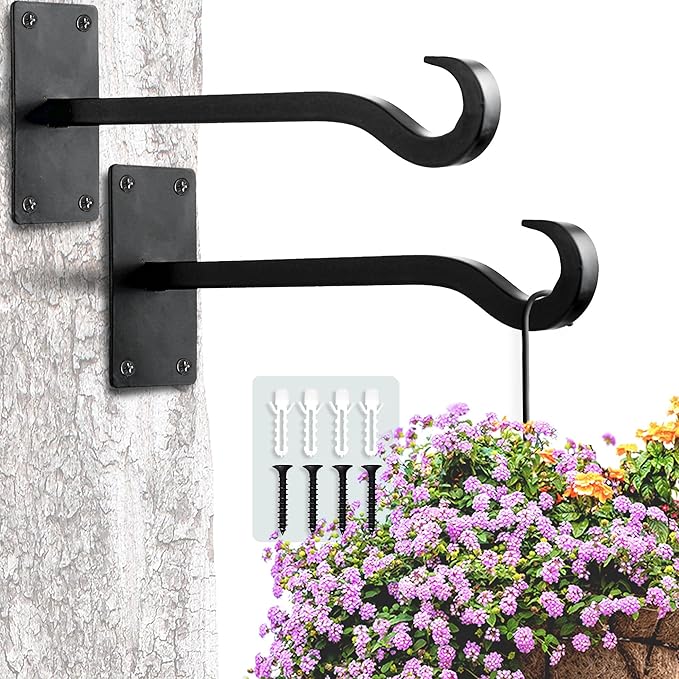 Qiang Ni Bird Feeder Hanger: 8-Inch Wall-Mounted Plant Bracket Outdoor - 2 Pieces Black Plant Hooks for Hanging Flower Baskets QiangNi