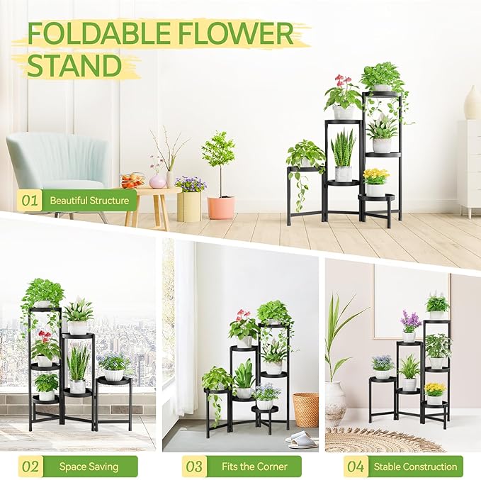 iDavosic.ly Plant Stand Indoor Outdoor, 6 Tier Corner Metal Flower Display Holder Shelf, Easy Assembly Folding Tall Orchid Rack for Patio Balcony Porch Garden Living Room House, Black iDavosicly
