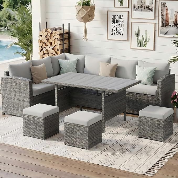 Wisteria Lane 7 Piece Patio Furniture Set, Wicker Patio Sectional with Wide Armrest, All Weather Outdoor Dining Set, Outdoor Furniture Patio Conversation Set with Ottoman, Ash Gray WisteriaLane