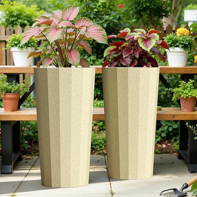23.6" H Tall Planters for Outdoor Plants, 2 Pack Large Outdoor Planters for Porch Decor with Automatic Drainage Hole, Plastic Stripe Design Flower Pots Fits Indoor Plants Patio Garden, Black Outdoorchairs