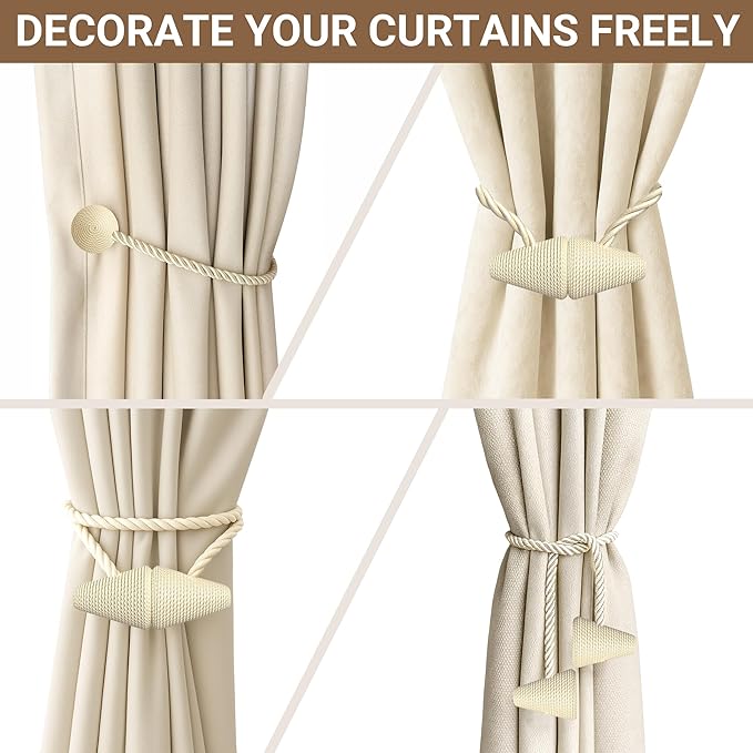 Hion Magnetic Curtain Tiebacks Beige 2pcs, Curtain Tiebacks Buckles Holdbacks Holders Hooks Clip for Home Bedroom Office Decorative Curtain Hion