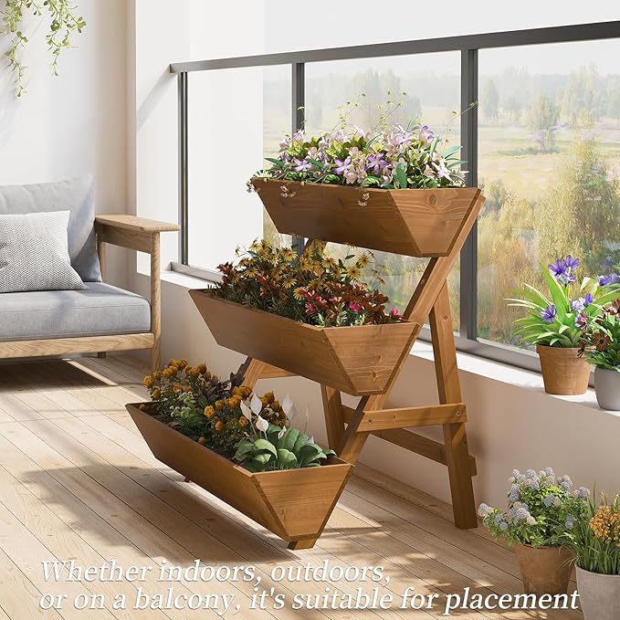3-Tiers Wooden Raised Garden Bed,Wood Planter Box for Vegetable,Flower Rack,Flower Pot Stands,Indoor Outdoor Gardening Planting Beds (Brown, Large) Kitsanery