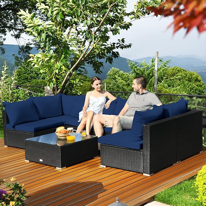 Tangkula 7-Piece Patio Furniture Set, Outdoor Sectional Wicker Sofa with Pillows and Cushions, Conversation Set with Coffee Table & Tea Table for Garden, Lawn (Navy Blue) TANGKULA
