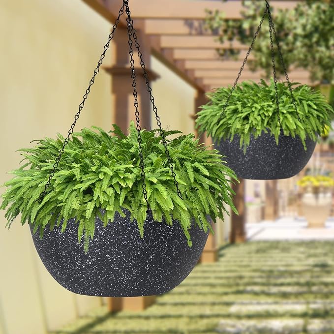 WOUSIWER 13 inch 2Pack Large Hanging Planters for Outdoor Indoor Plants with Drainage Holes and Chain, Round Hanging Flower Pots for Garden Home Porch Decor, Black Speckles WOUSIWER