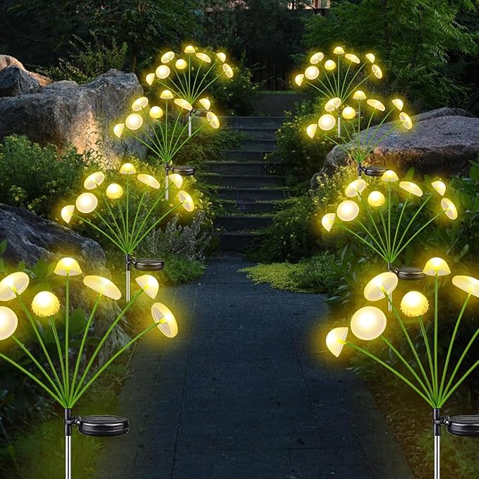 KAQ 4PK 32LED Solar Garden Lights Outdoor Waterproof | Solar Mushroom Lights for Outside Sway by Wind Firefly Fairy Light for Patio Pathway Garden Bush Yard Decorations (Warm White) KAQ