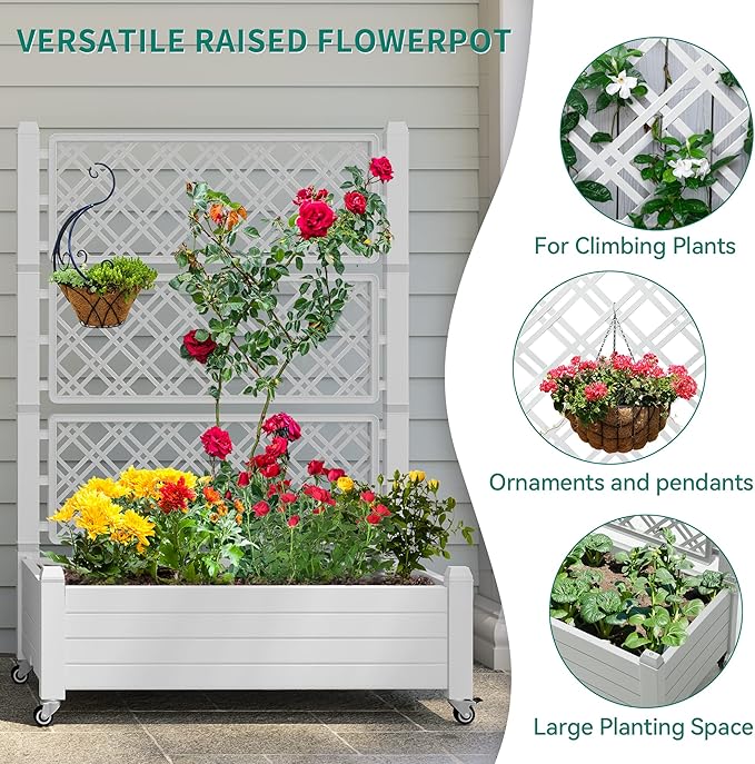YITAHOME 43.3x17.7x61 in Planter Trellis Box with Wheels & Drain Plug, Outdoor Resin Raised Garden Bed for Climbing Plants, Large Weather-Resistant Design, Grayish-White YITAHOME