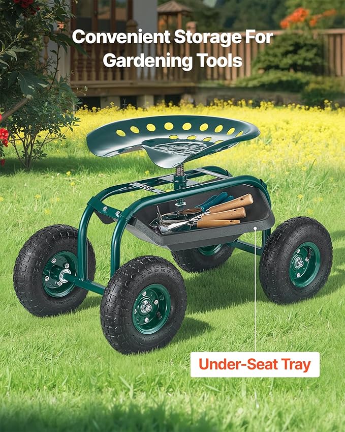 VEVOR Rolling Garden Cart with Swivel Seat, Heavy Duty Garden Seat with Storage Basket & Tool Tray, 300 lbs Weight Capacity, Outdoor Utility Gardening Stool Scooter for Lawn Yard Planting Weeding VEVOR