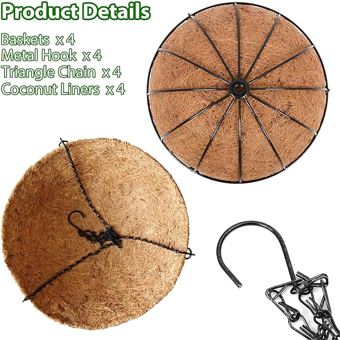 Hanging Baskets Planter for Plants - 4 Pack 10 Inch Metal Baskets with Coco Coir Liner, Hanging Flower Pots for Outside with Chain, Indoor Outdoor Garden Porch Decoration (10'' Pack of 4) LCHUANG