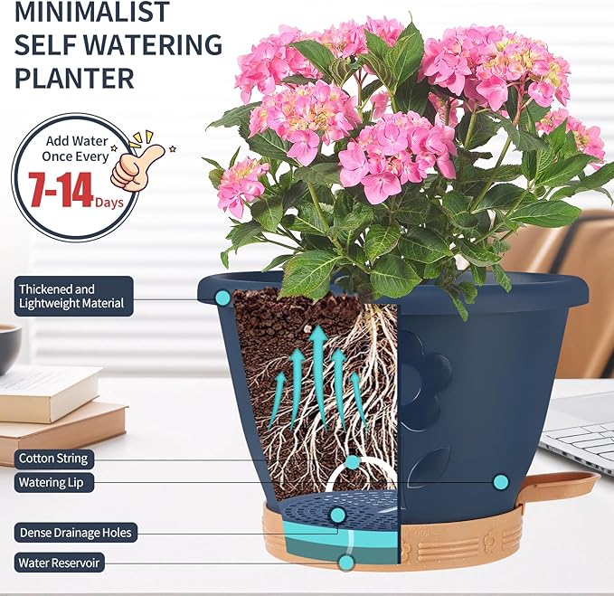 Plastic Plant Pots 10 Inch Set of 4, Self Watering Pots with Drainage Holes, Saucer & Reservoir, Flower Pots for Indoor/Outdoor Plants, Decorative Nursery Planting Pots (Blue) gegemaoyi