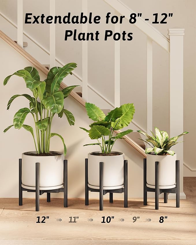 Adjustable Plant Stand Indoor, Bamboo Plant Stand Fits 8 9 10 11 12 Inches, Small Corner Planter Holder for Indoor Plants, Single Floor Plant Stands for Living Room Balcony, Inky Gentingbro
