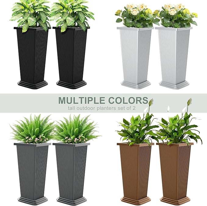 Tall Outdoor Planters Set of 2, 24" Tapered Outdoor Tall White Planter for Front Porch, Large Indoor Modern Planter Flower Pots with Tray, Drainage Holes (Ribbed) PolarcoForgeco