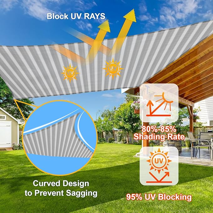 SUNLAX Sun Shade Sail 8' x 12' Grey&White Rectangle Canopy Sail Shade Cover UV Block Permeable Sunshade Outdoor for Patio Backyard (We Make Custom Size) SUNLAX
