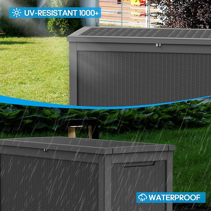 ROJIK Outdoor Storage Housing Deck Box - Waterproof Patio Furniture, Garden Tools, Cushions, Pool Accessories Storage Bench with Lockable Lid and Side Handles (Black, 315 Gal) ROJIK