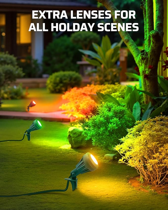 DEWENWILS 120V Spotlight Outdoor, 500LM Waterproof LED Spot Light with 3 Extra Lenses (Red Yellow Green), Landscape Lighting for Holiday, Trees, Flag, 5FT Extension Cord, UL Listed DEWENWILS