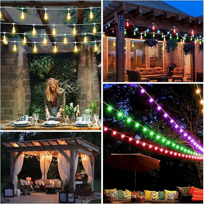 Mlambert 48FT Outdoor Patio Lights, 6 Lighting Modes RGB Cafe String Lights with 15 Dimmable LED Shatterproof Bulbs for Deck Porch Gazebo-White 1 Pack Mlambert