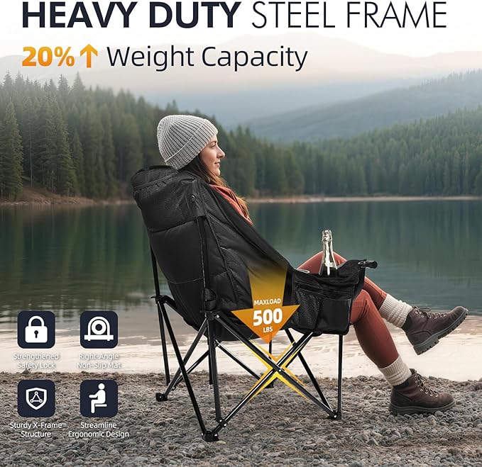 Oversized Camping Chair for Adults - Heavy Duty Outdoor Padded Large Lawn Camp Chair with Cup Holder Cooler Pockets for Sports Beach Fishing Garden Portable Supports 500lbs, AllBlack 2 Pack PUVASIA