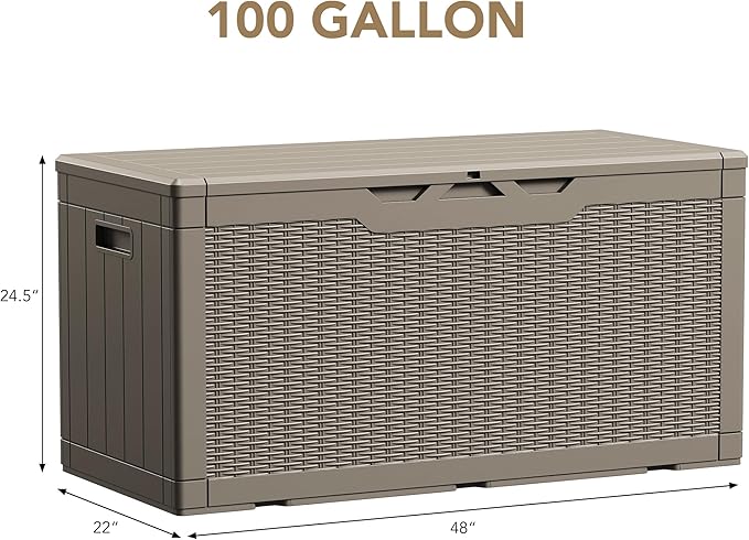 Devoko 100 Gallon Waterproof Large Resin Deck Box Indoor Outdoor Lockable Storage Container for Patio Furniture Cushions Garden Tools (100 Gallon, Light Brown) DEVOKO