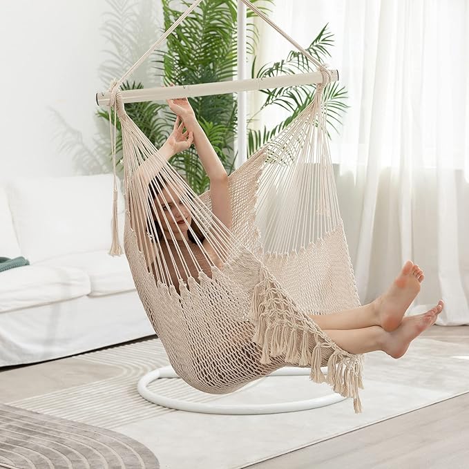 Hammock Chair，Max 330lbs, Large Hanging Chair, Soft Cotton Rope Swing Chair with High Load-Bearing Metal Rod,Indoor Outdoor Garden Yard Living Room Use YAERSI