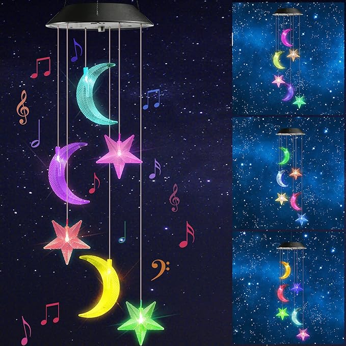 Toodour Solar Wind Chimes, Color Changing Wind Chimes Moon and Star, LED Decorative Mobile, Gift for Mom Grandma, Waterproof Outdoor Moon Star Light for Garden, Patio, Yard, Window Outdoor Decor Toodour