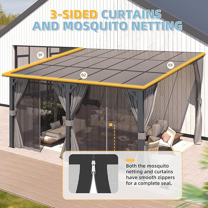 AECOJOY 14' x 12' Gazebo Outdoor Pergola with Curtains and Netting for Patio, Large Wall-Mounted Hardtop 12x14 Lean to Metal Heavy Duty Gazebo, Pergolas and Gazebos Clearance with Patio Roof Awnings AECOJOY
