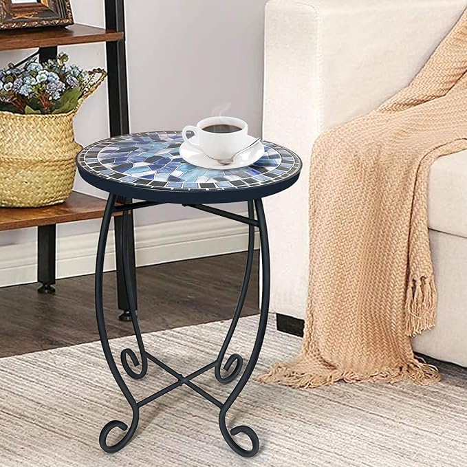 LIFFY Outdoor Side Table,12" Round Ceramic Tile Tabletop Accent Table with Metal Frame, Indoor Small Decorative Plant Stand & End Table for Home, Patio, Garden LiffyArt