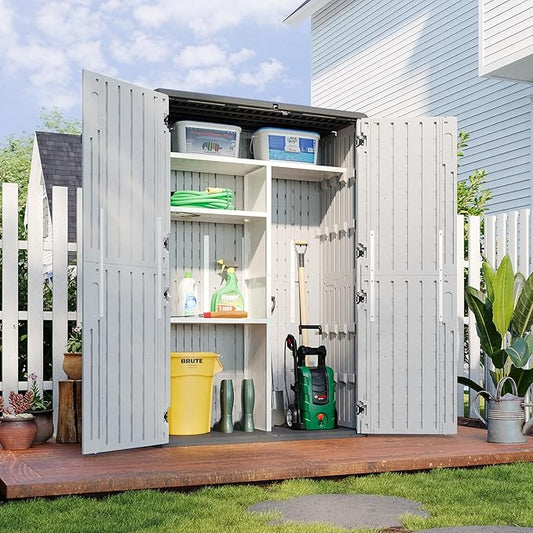 Aoxun Outdoor Resin Storage Shed with Metal Shelving Kit & Floor, 64 Cu.Ft Vertical Waterproof Storage Cabinet for Garage, Pool, Bike, Garden Tools, Patio Furniture (White) Aoxun